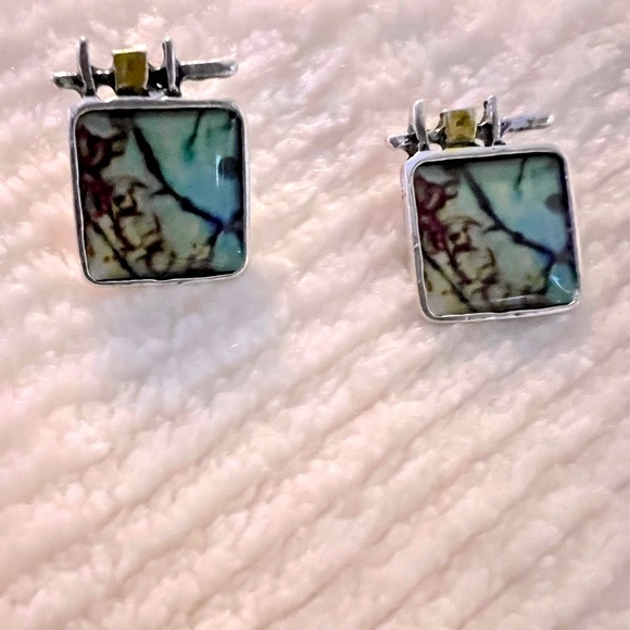 Green Square Arts and Crafts Glass Artist Designed Earrings - Picture 2 of 6